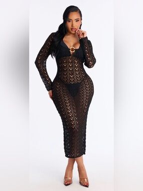 Fashion Nova Black Crochet Long Sleeve Coverup-XS NWT🖤🔥
